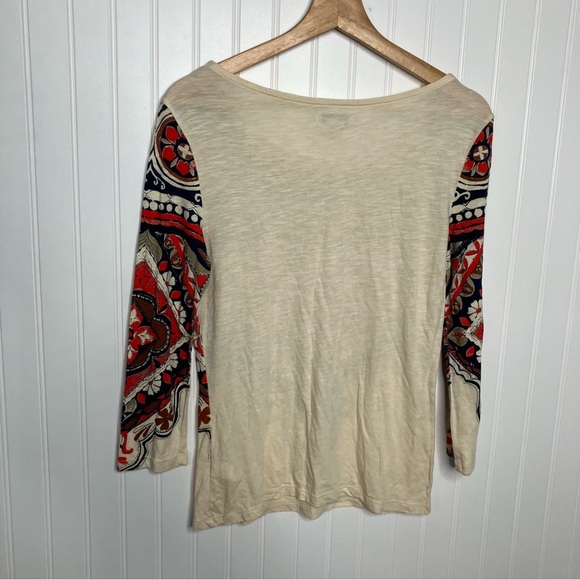 Lucky Brand Top Small Cream Red Blue Floral Embellishing Boho Peasant Spring Tee - Picture 7 of 8